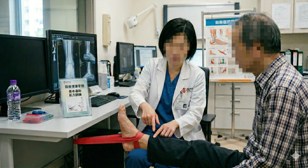"物理治療師指導拗柴患者進行足踝復健訓練"