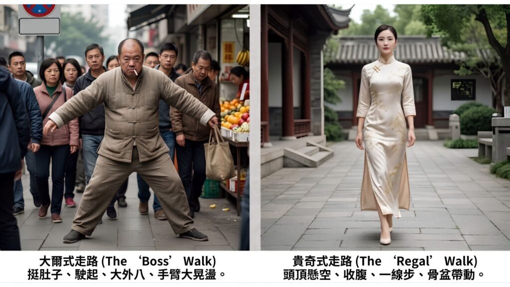 物理治療師對比大爺式走路與貴妃式走路肌肉失衡原因