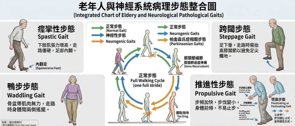 "長者神經系統異常步態對比圖:痙攣性步態、鴨步步態、跨闊步態、推動性步態"