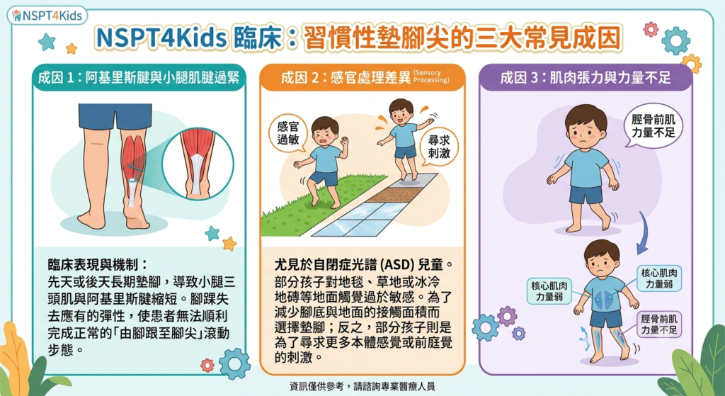 走路腳後跟不著地-特發性墊腳尖三大成因比較表