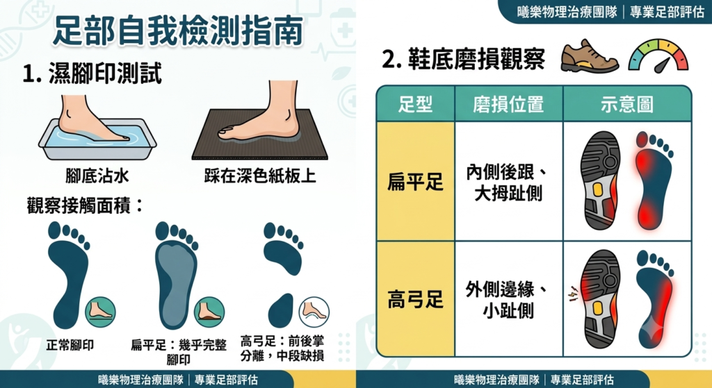 濕腳印測試示意圖:對比扁平足(幾乎完整腳印)、正常足弓與高弓足(前後掌分離)的足底接觸面積
