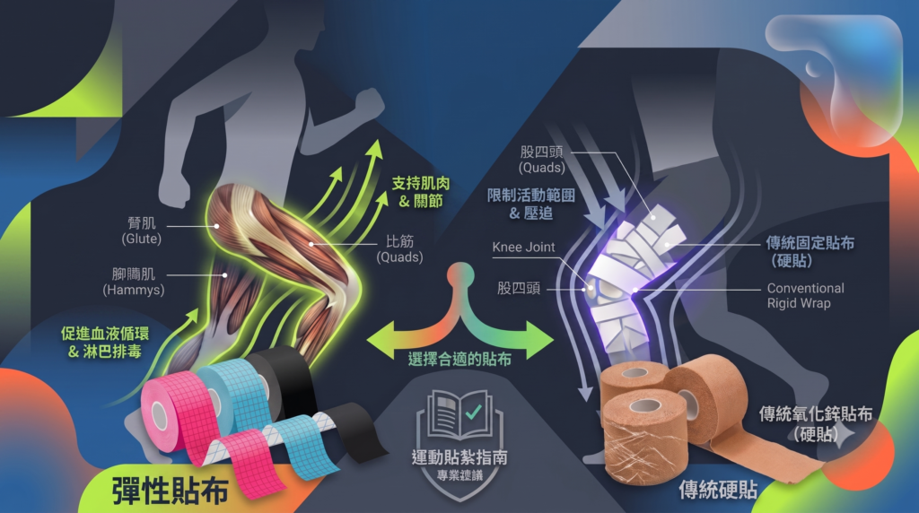 彈性肌內效貼布與傳統硬貼功能比較示意圖 - Sunjoy 運動貼紮指南