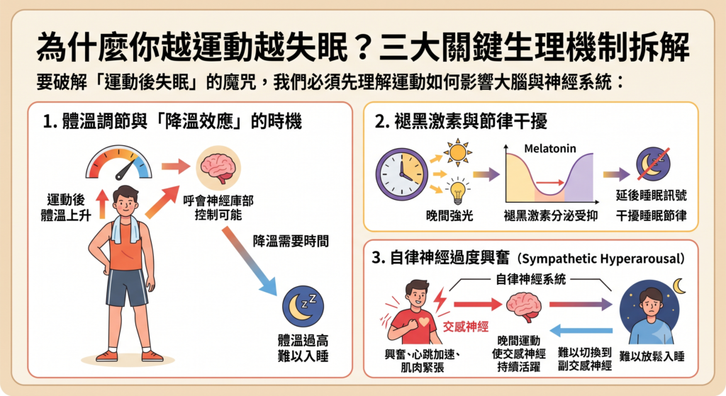 為什麼越運動越失眠?三大生理機制資訊圖表:解析體溫降溫效應、褪黑激素節律干擾,以及交感神經致使自律神經過度興奮對睡眠的影響