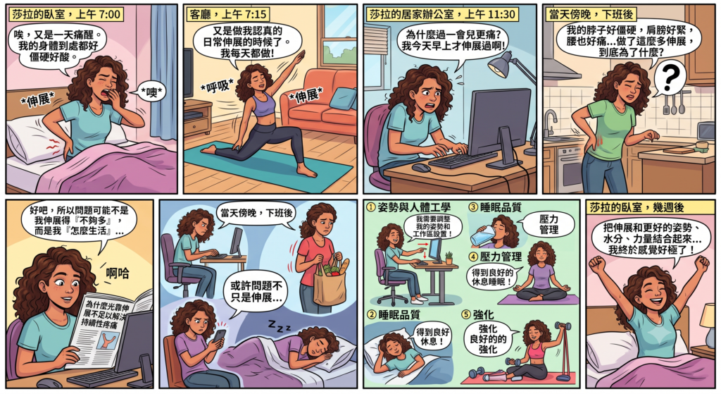 四格漫畫:莎拉因辦公室久坐導致慢性腰背痛,在盲目伸展無效後,透過Sunjoy治療師的指導,學習正確的動態伸展與靜態伸展區別,最終改善姿勢並恢復健康。