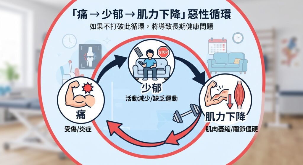 「痛 → 少郁 → 肌力下降」惡性循環