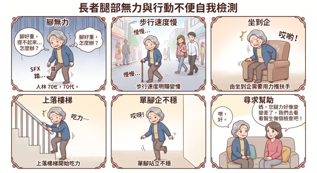 長者腿部無力與行動不便自我檢測漫畫,圖解 5 大徵兆包括:腳無力提不高、步行速度變慢、由坐到企需要扶手、上落樓梯吃力及單腳站立不穩,最後建議尋求醫生協助。