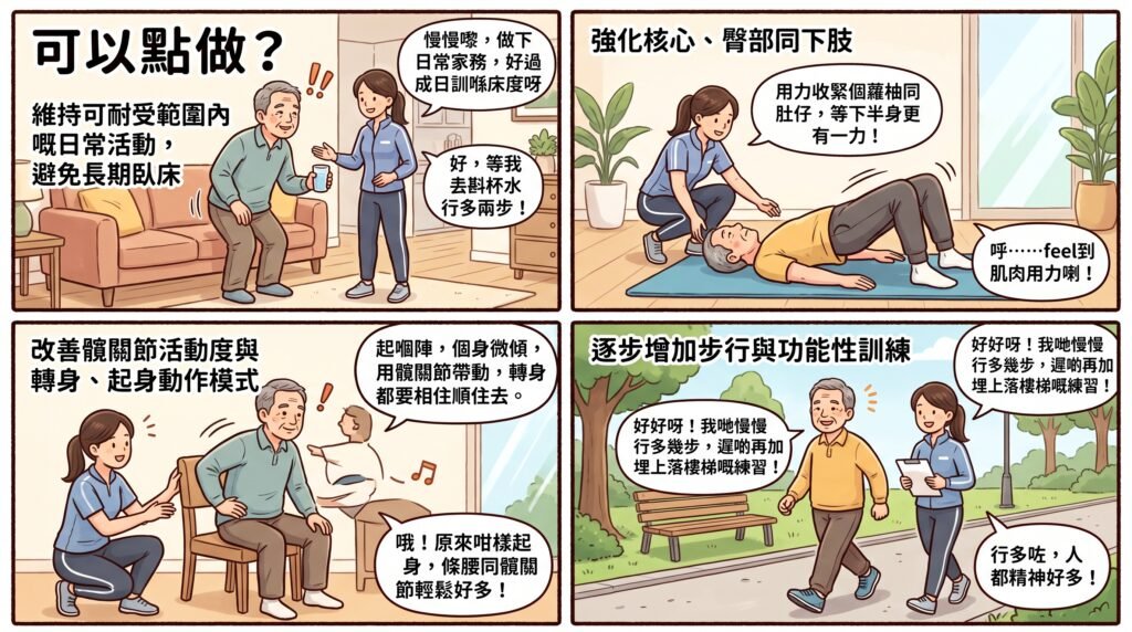 運動治療師指導長者腰痛運動訓練,包含核心強化與髖關節活動度改善