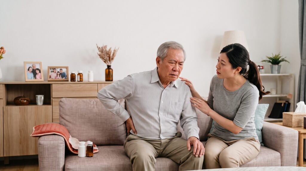 長者腰痛扶腰坐在沙發上，身旁家屬關心問候，說明老人家腰痛常見原因