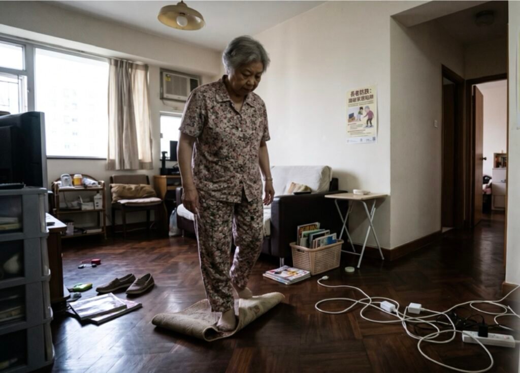 長者在客廳踩到翹起地毯險些跌倒，示範常見家居跌倒陷阱