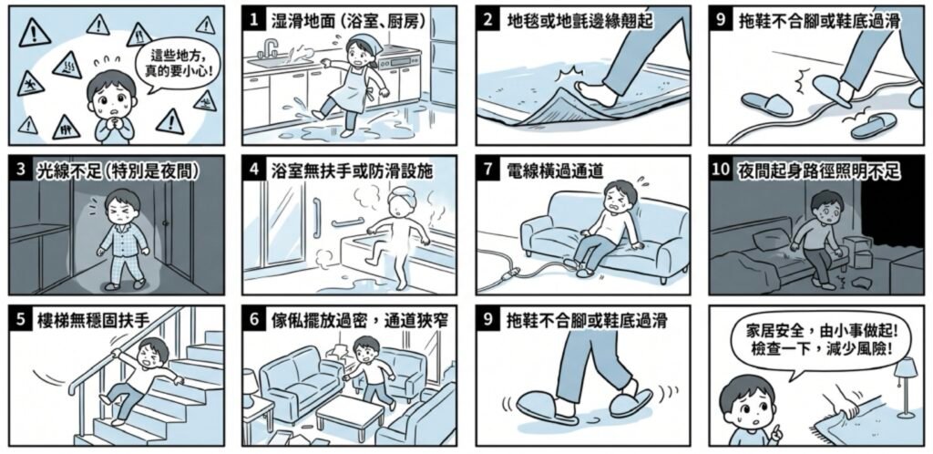 10個最容易跌倒的長者家居陷阱資訊圖:包含濕滑地面、地毯翹起、光線不足及浴室無扶手等