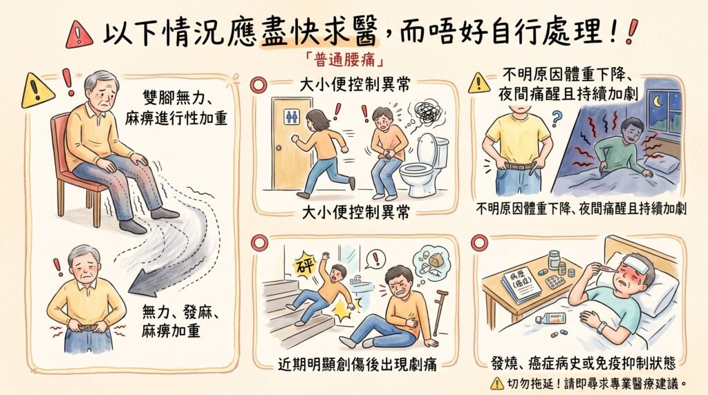 長者腰痛危險警號與紅旗徵兆圖解,包含雙腳無力麻痹及大小便異常